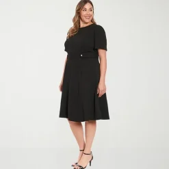 London Times Womens Plus Round Neck Short Sleeve Puffed Fit + Flare Dress