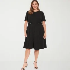 London Times Womens Plus Round Neck Short Sleeve Puffed Fit + Flare Dress