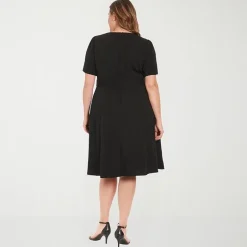 London Times Womens Plus Round Neck Short Sleeve Puffed Fit + Flare Dress