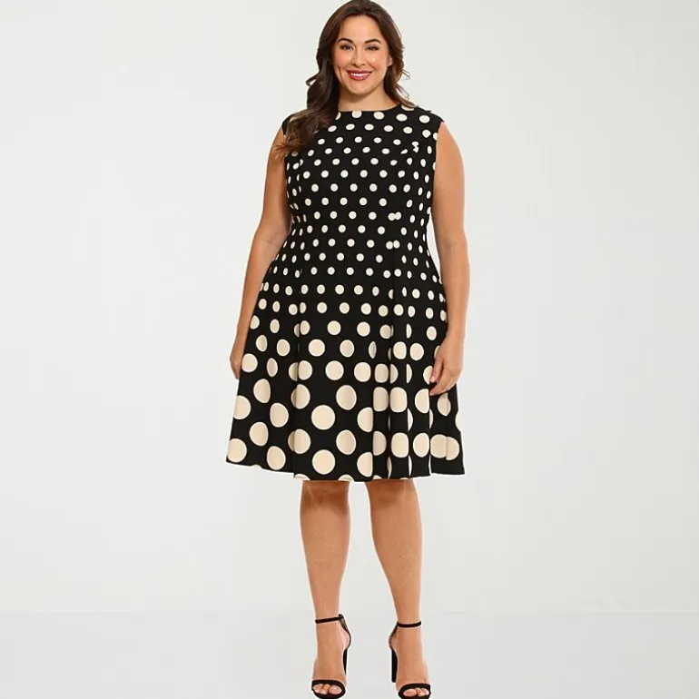 London Times Womens Plus Round Neck Sleeveless Cap Polka Dot Fit + Flare Dress