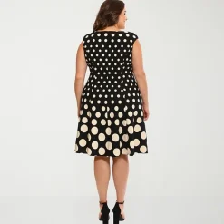 London Times Womens Plus Round Neck Sleeveless Cap Polka Dot Fit + Flare Dress