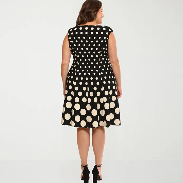 London Times Womens Plus Round Neck Sleeveless Cap Polka Dot Fit + Flare Dress