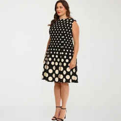London Times Womens Plus Round Neck Sleeveless Cap Polka Dot Fit + Flare Dress