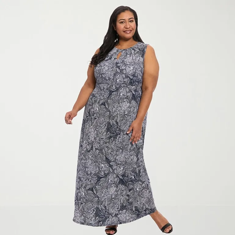 London Times Womens Plus Round Neck Sleeveless Maxi Dress