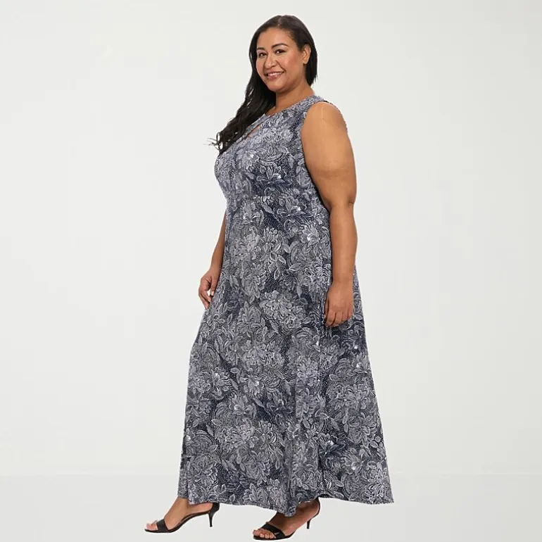 London Times Womens Plus Round Neck Sleeveless Maxi Dress