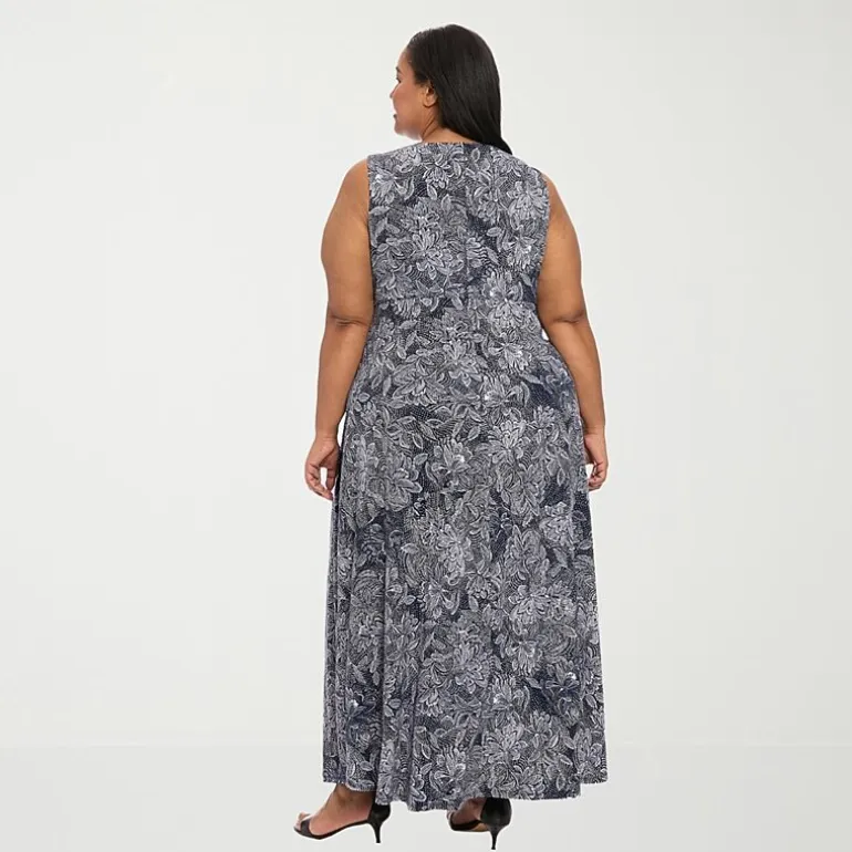 London Times Womens Plus Round Neck Sleeveless Maxi Dress