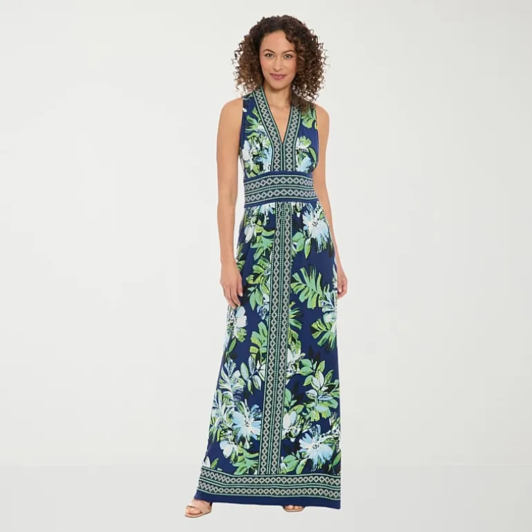London Times Womens V Neck Sleeveless Maxi Dress
