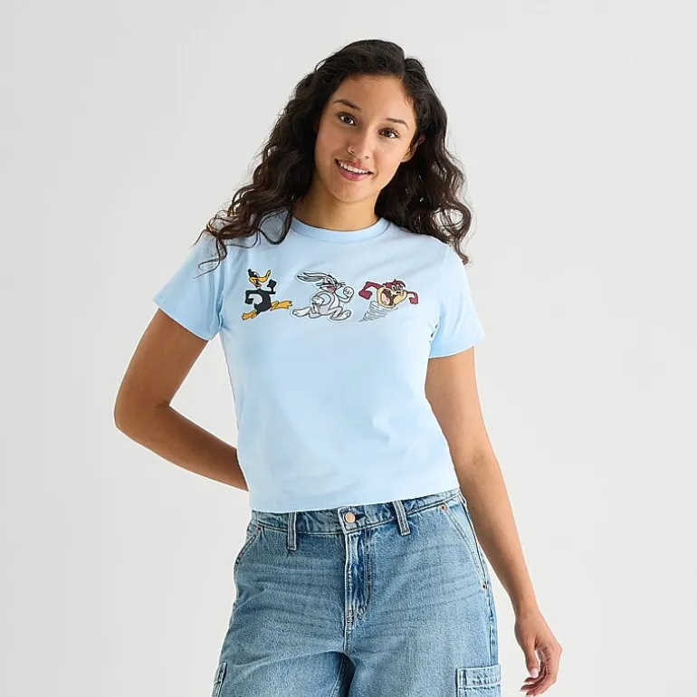 Looney Toons Baby Tee Womens Juniors Crew Neck Short Sleeve Fitted Looney Tunes Graphic T-Shirt