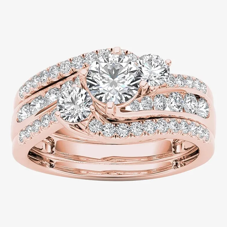 Love Lives Forever Womens 1 1/4 CT. T.W. Natural White Diamond 14K Gold Round 3-Stone Bypass Bridal Set