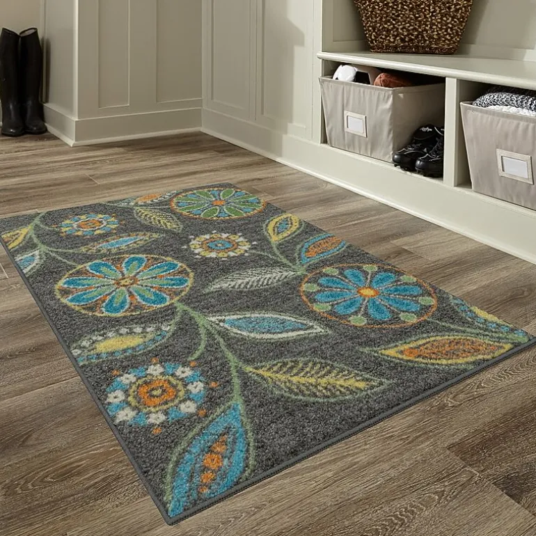 Maples Modern Floral Collection Washable Skid Resistant Indoor Rectangular Accent Rug