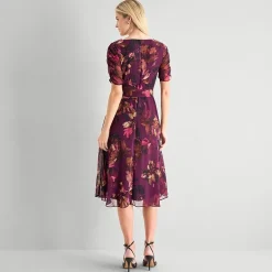 Marc New York Womens Midi V Neck Short Sleeve Ruched Sleeve Floral Fit + Flare Dress