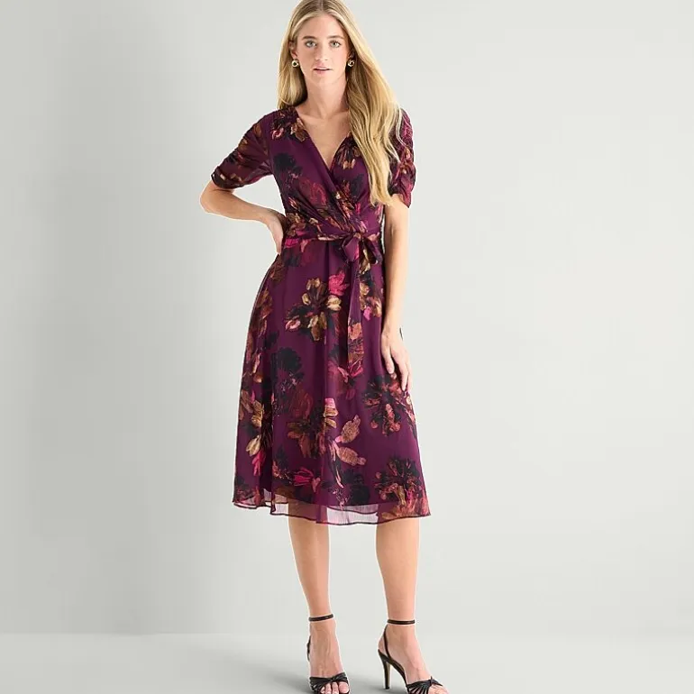 Marc New York Womens Midi V Neck Short Sleeve Ruched Sleeve Floral Fit + Flare Dress