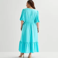 Melonie T Womens Plus Midi V Neck Short Sleeve Puffed Fit + Flare Dress
