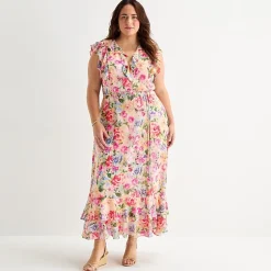 Melonie T Womens Plus V Neck Sleeveless Ruffled Maxi Dress