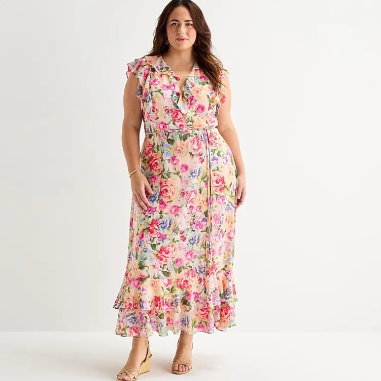 Melonie T Womens Plus V Neck Sleeveless Ruffled Maxi Dress