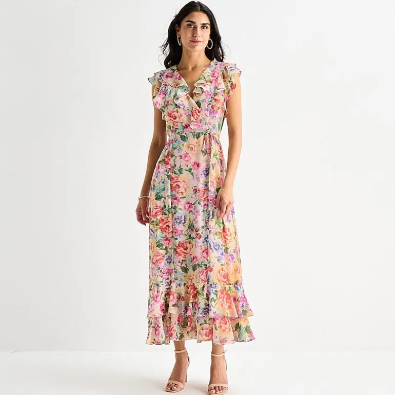 Melonie T Womens V Neck Sleeveless Ruffled Maxi Dress