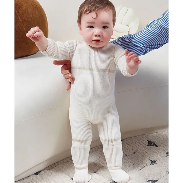 MeMoi Baby Gold Lurex Trimmed Ribbed Cotton Footie