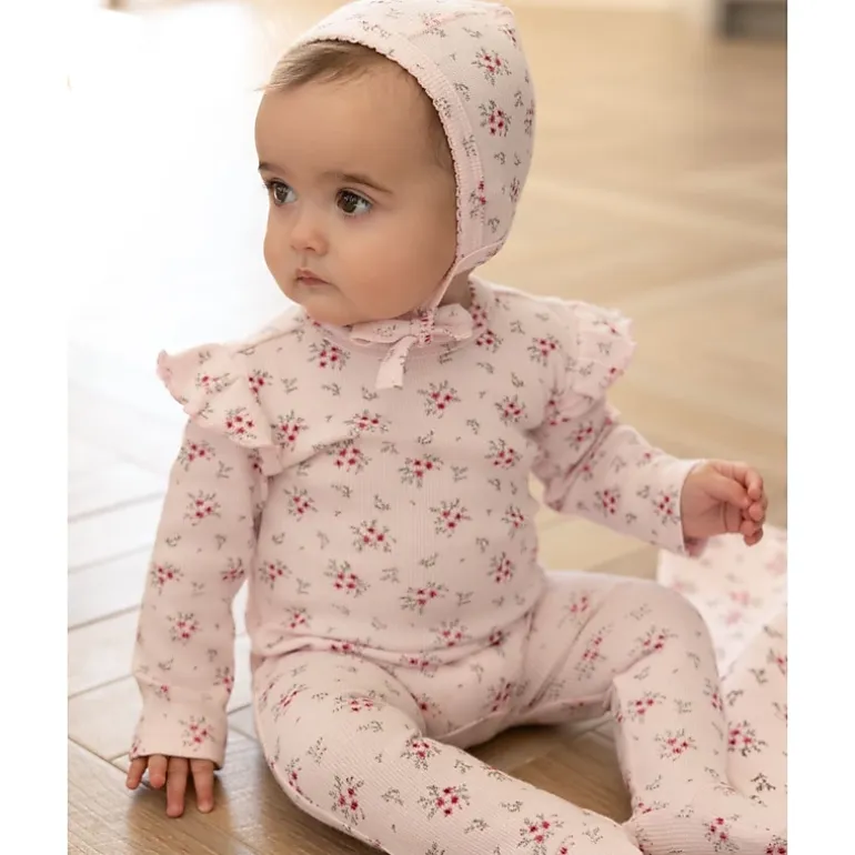 MeMoi 3 Piece Baby Girls Mini-Ribbed Cotton Rich Ruffled-Sleeve Floral Footie Set
