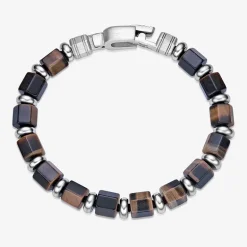 Mens Black Agate Stainless Steel Beaded Bracelet