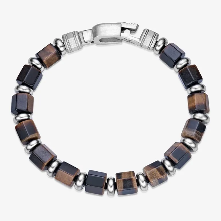 Mens Black Agate Stainless Steel Beaded Bracelet