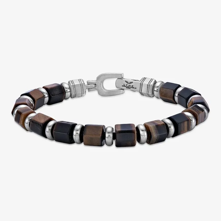 Mens Black Agate Stainless Steel Beaded Bracelet