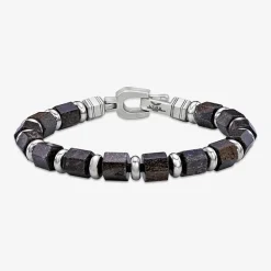 Mens Black Agate Stainless Steel Beaded Bracelet