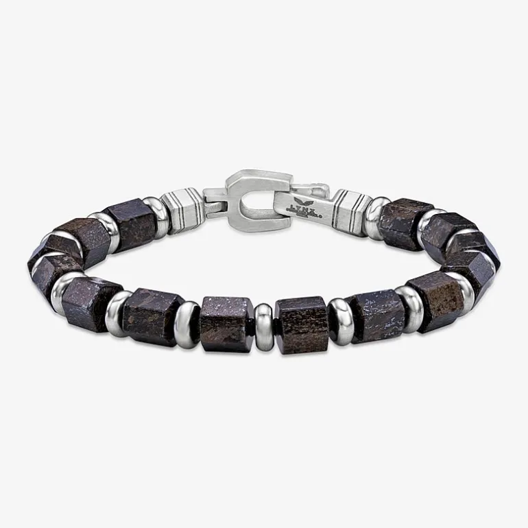 Mens Black Agate Stainless Steel Beaded Bracelet