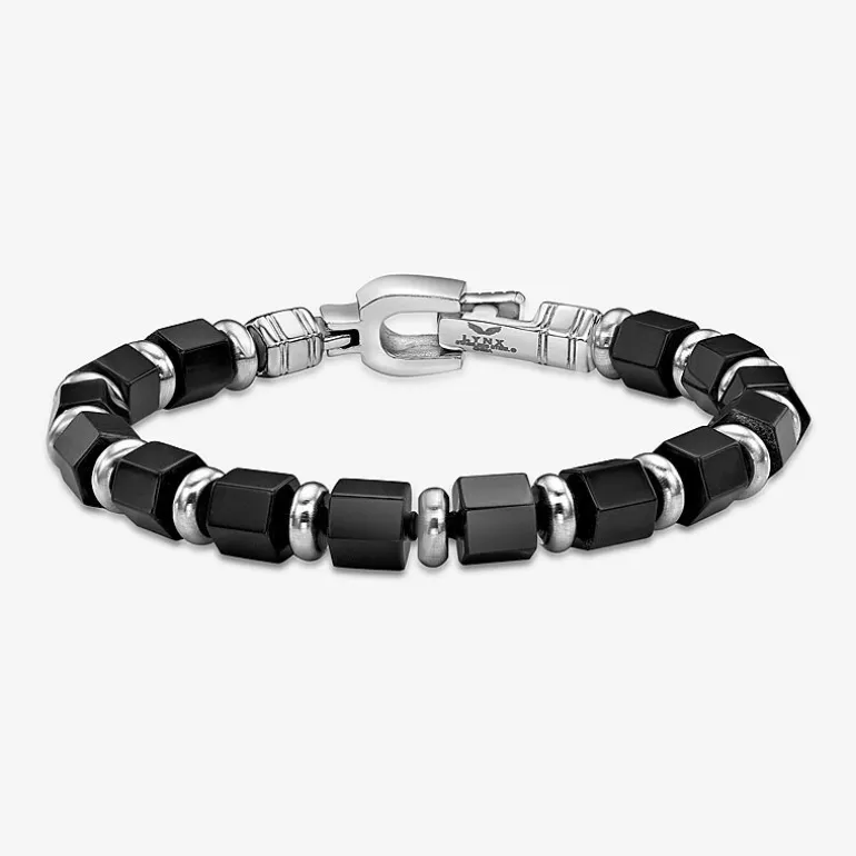 Mens Black Agate Stainless Steel Beaded Bracelet