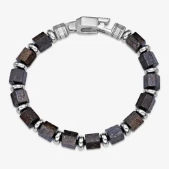 Mens Black Agate Stainless Steel Beaded Bracelet