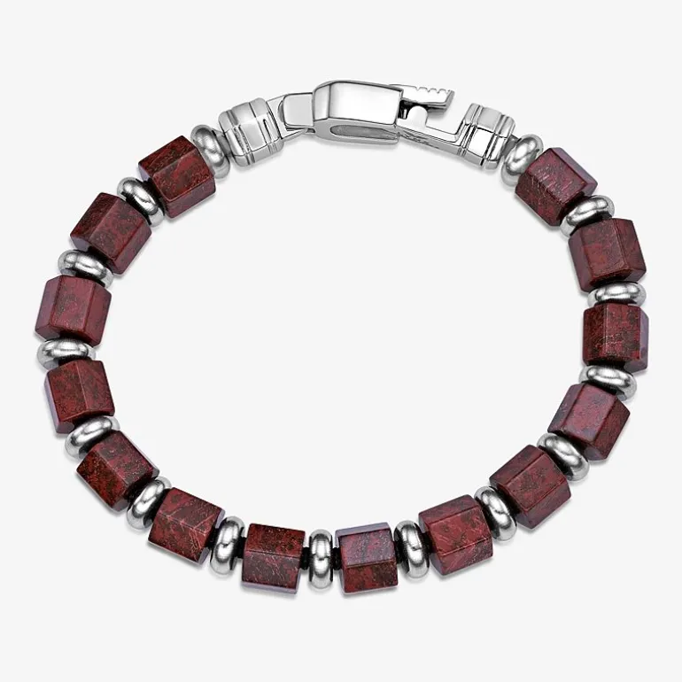 Mens Black Agate Stainless Steel Beaded Bracelet