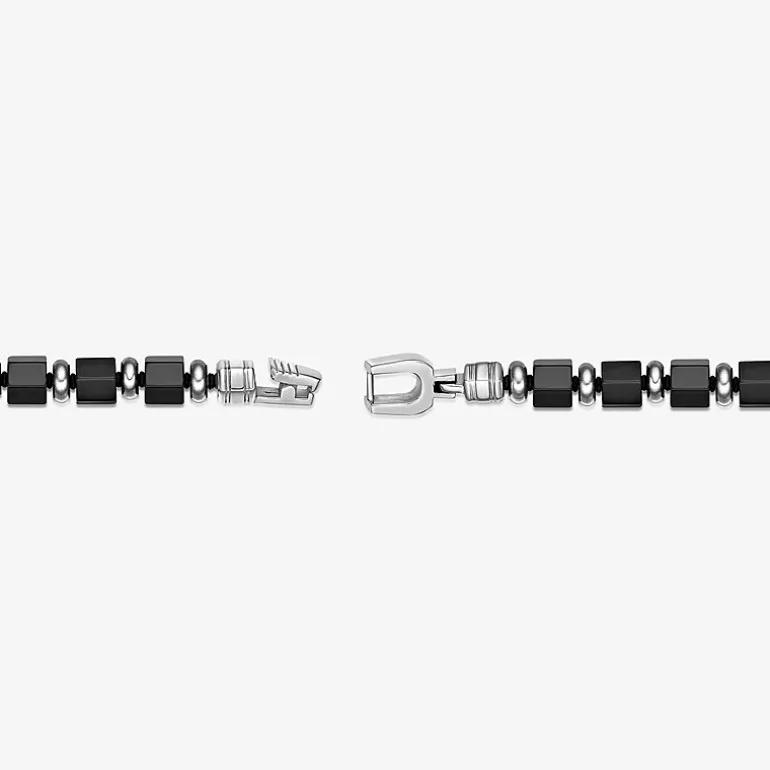 Mens Black Agate Stainless Steel Beaded Bracelet