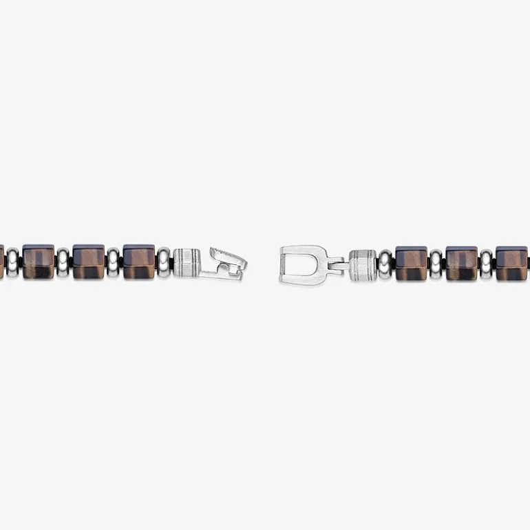 Mens Black Agate Stainless Steel Beaded Bracelet