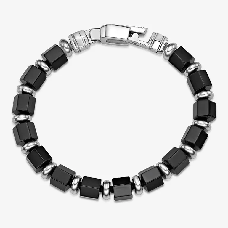 Mens Black Agate Stainless Steel Beaded Bracelet