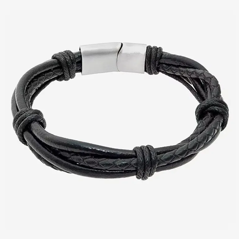 Mens Black Leather Bracelet with Stainless Steel Magnetic Clasp