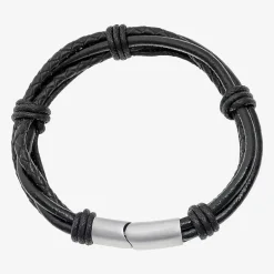 Mens Black Leather Bracelet with Stainless Steel Magnetic Clasp