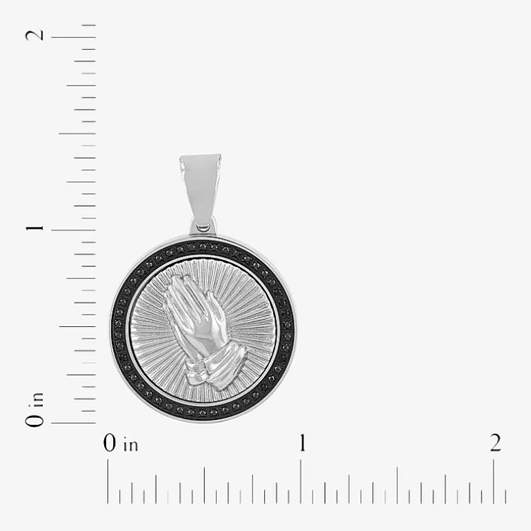 Mens 1/4 CT. T.W. Natural Diamond Stainless Steel Circle Prayer Hands Pendant Necklace