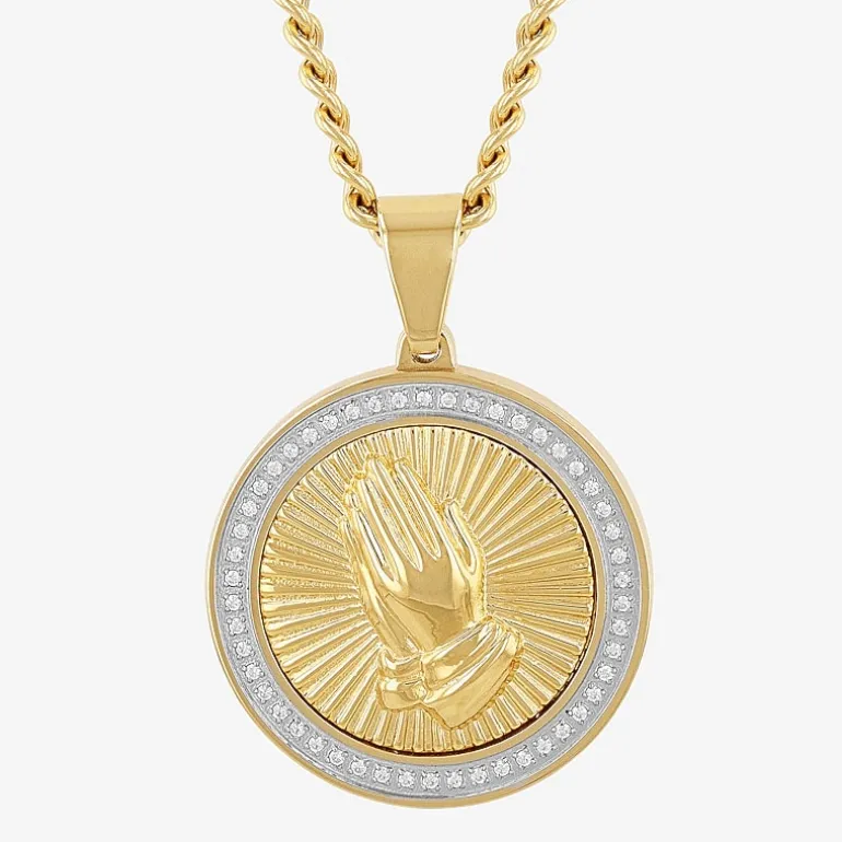 Mens 1/4 CT. T.W. Natural Diamond Stainless Steel Circle Prayer Hands Pendant Necklace
