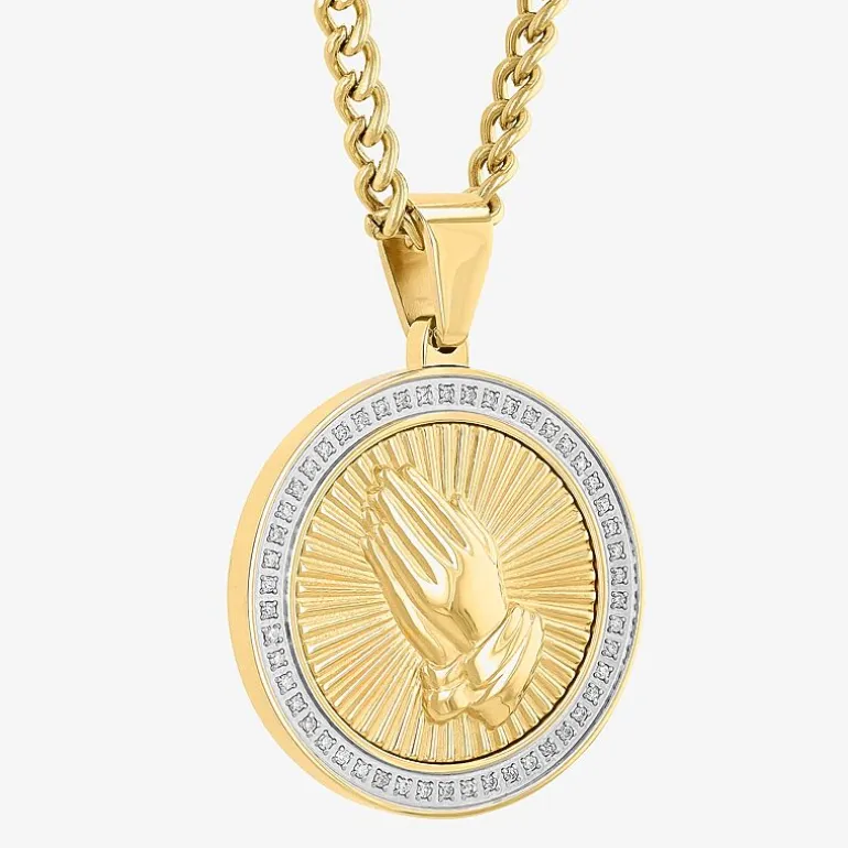 Mens 1/4 CT. T.W. Natural Diamond Stainless Steel Circle Prayer Hands Pendant Necklace