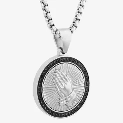Mens 1/4 CT. T.W. Natural Diamond Stainless Steel Circle Prayer Hands Pendant Necklace