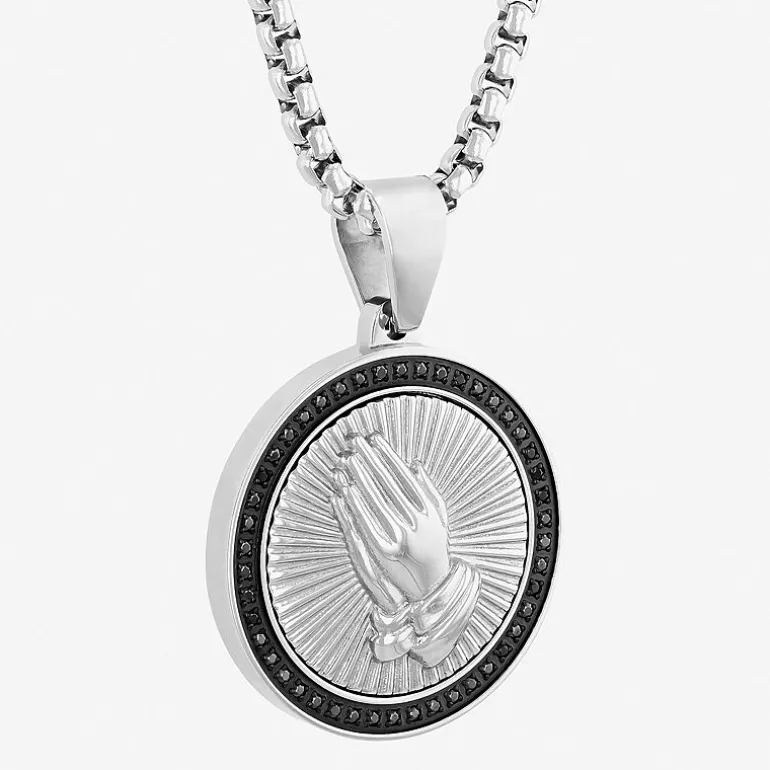 Mens 1/4 CT. T.W. Natural Diamond Stainless Steel Circle Prayer Hands Pendant Necklace