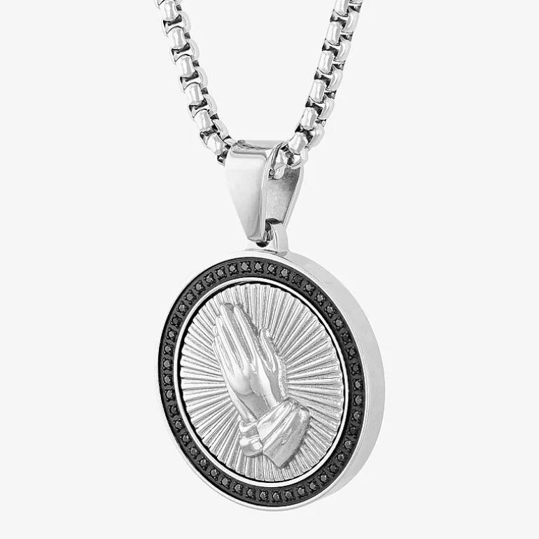 Mens 1/4 CT. T.W. Natural Diamond Stainless Steel Circle Prayer Hands Pendant Necklace