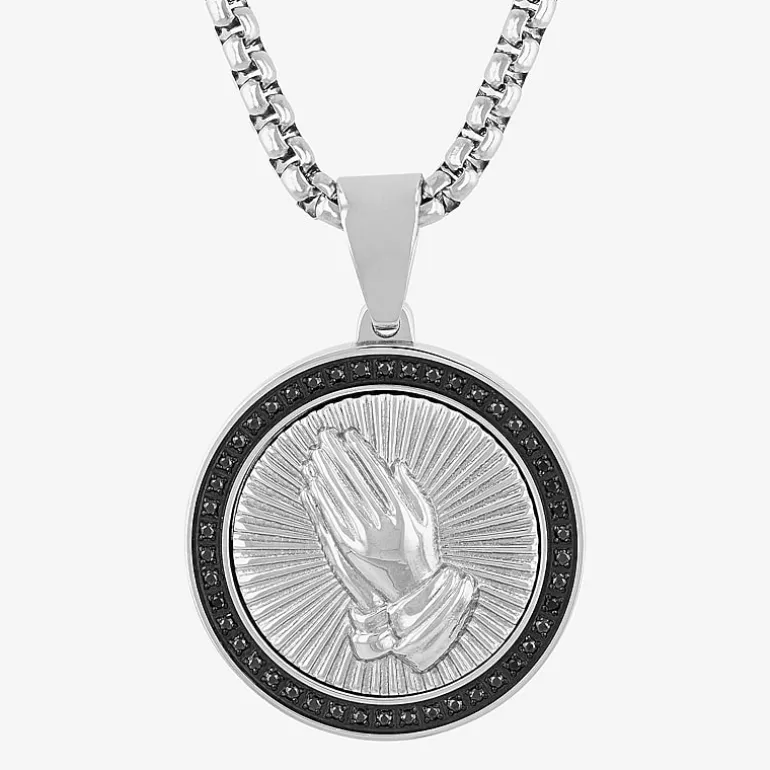 Mens 1/4 CT. T.W. Natural Diamond Stainless Steel Circle Prayer Hands Pendant Necklace