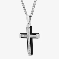 Mens 1/7 CT. T.W. Natural Diamond Stainless Steel Cross Pendant Necklace