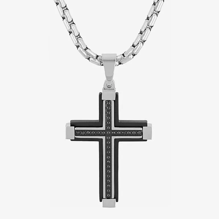 Mens 1/7 CT. T.W. Natural Diamond Stainless Steel Cross Pendant Necklace