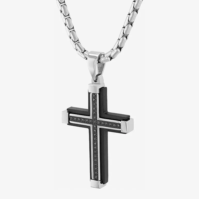 Mens 1/7 CT. T.W. Natural Diamond Stainless Steel Cross Pendant Necklace