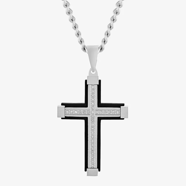 Mens 1/7 CT. T.W. Natural Diamond Stainless Steel Cross Pendant Necklace
