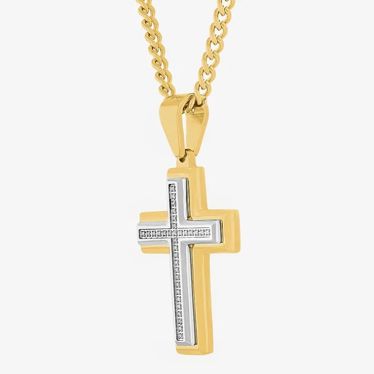 Mens 1/10 CT. T.W. White Diamond Stainless Steel Cross 24 Inch Pendant Necklace