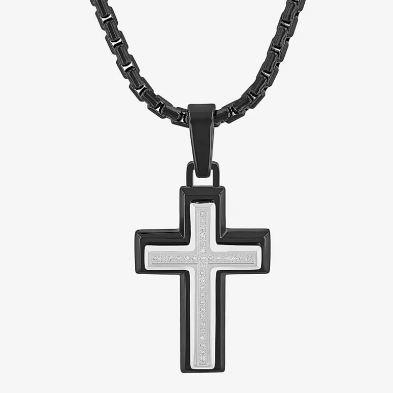 Mens 1/10 CT. T.W. White Diamond Stainless Steel Cross 24 Inch Pendant Necklace