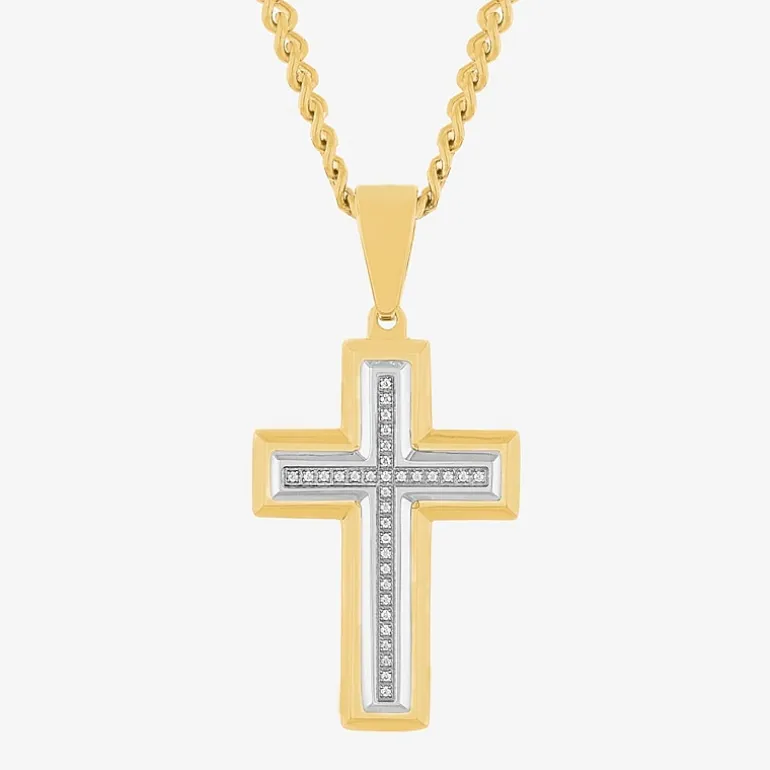 Mens 1/10 CT. T.W. White Diamond Stainless Steel Cross 24 Inch Pendant Necklace
