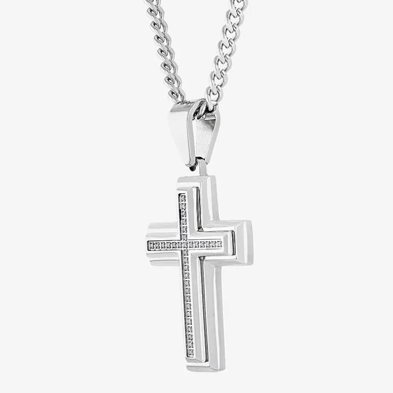 Mens 1/10 CT. T.W. White Diamond Stainless Steel Cross 24 Inch Pendant Necklace